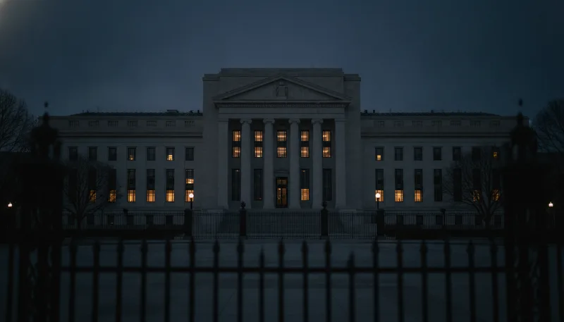 The Federal Reserve's Eccles Building in Washington at dusk, on the evening of the rate decision.