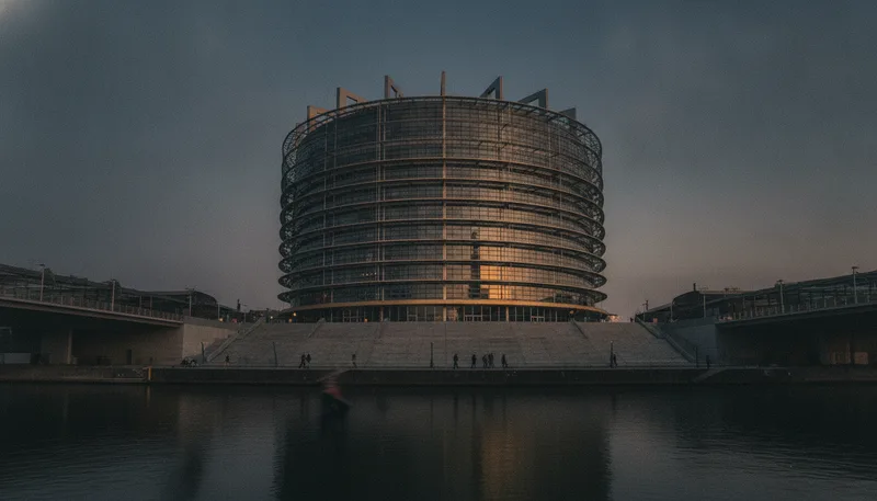 The European Parliament in Strasbourg at dusk.