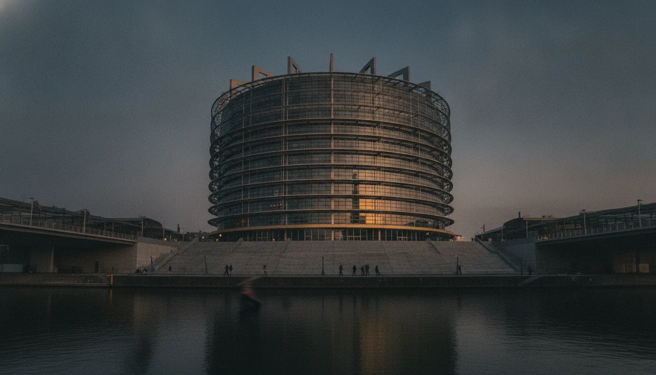 The European Parliament in Strasbourg at dusk.
