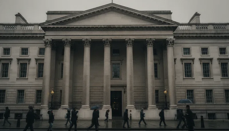 The Bank of England's Threadneedle Street headquarters stands under grey skies as the institution holds interest rates steady.