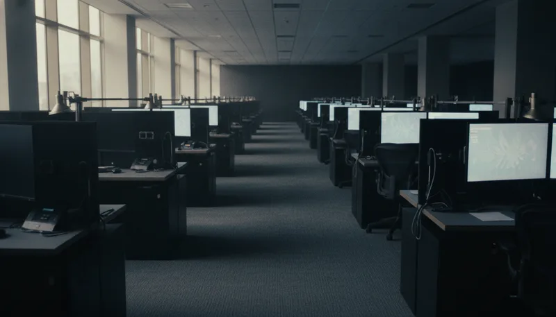 An empty trading floor at dawn, screens flickering to life as markets brace for the Fed's rate decision.