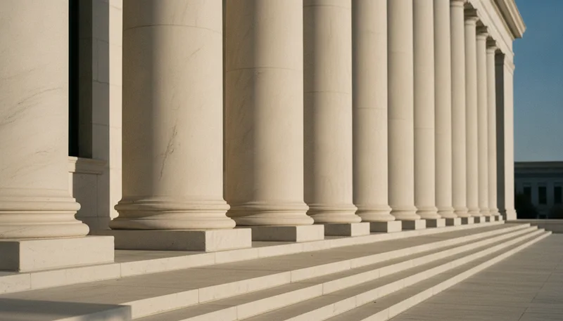 Late sunlight casts sharp shadows across the marble columns of the Federal Reserve building in Washington.
