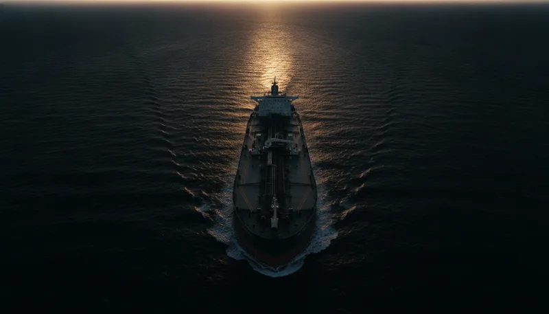 An oil tanker cuts through darkening waters at dusk, its wake stretching toward the horizon.