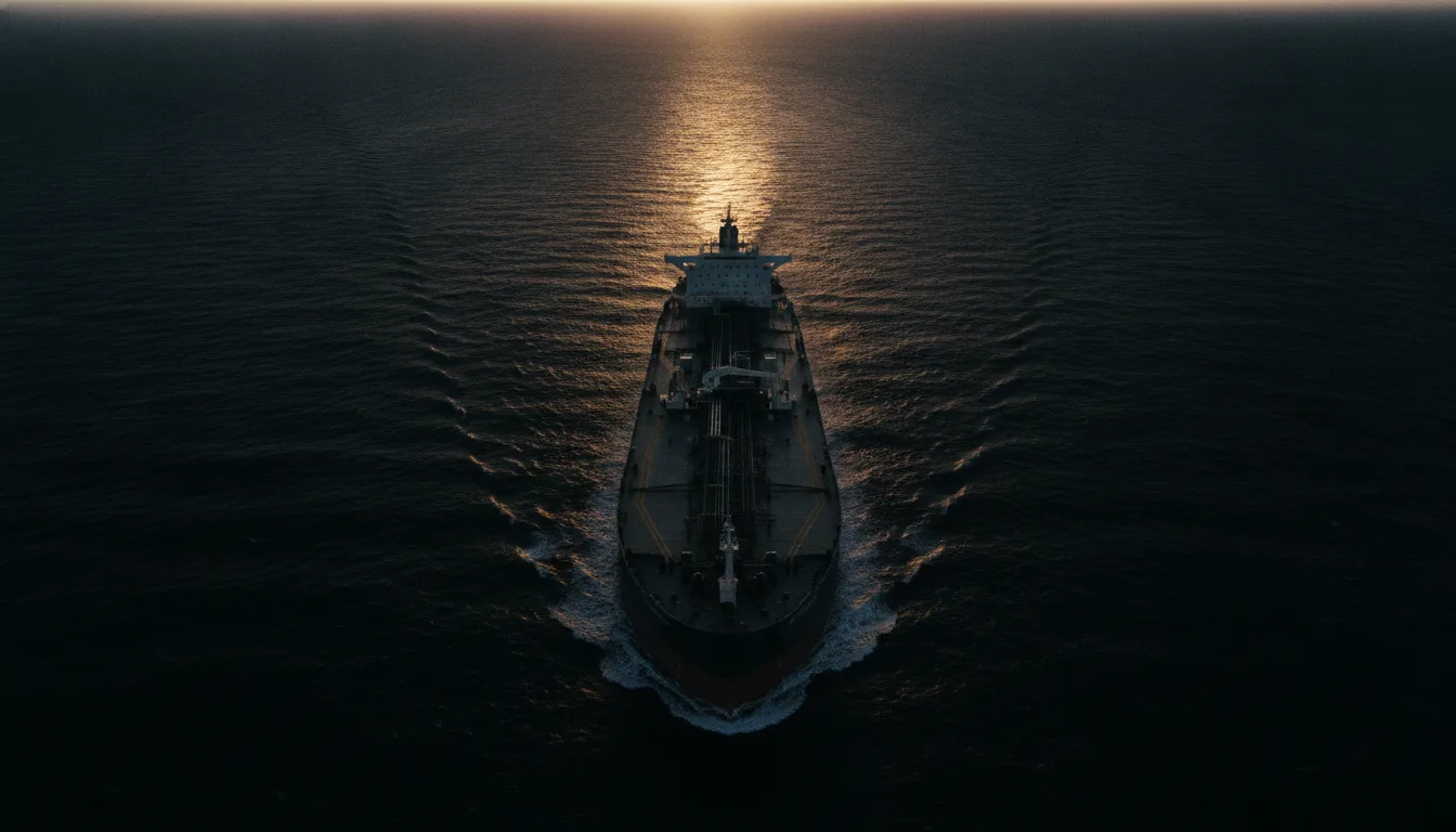 An oil tanker cuts through darkening waters at dusk, its wake stretching toward the horizon.