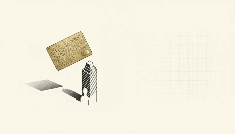 An engraved brass card dissolves into a faceless silhouette absorbed by a corporate outline, illustrating the KYC loophole.