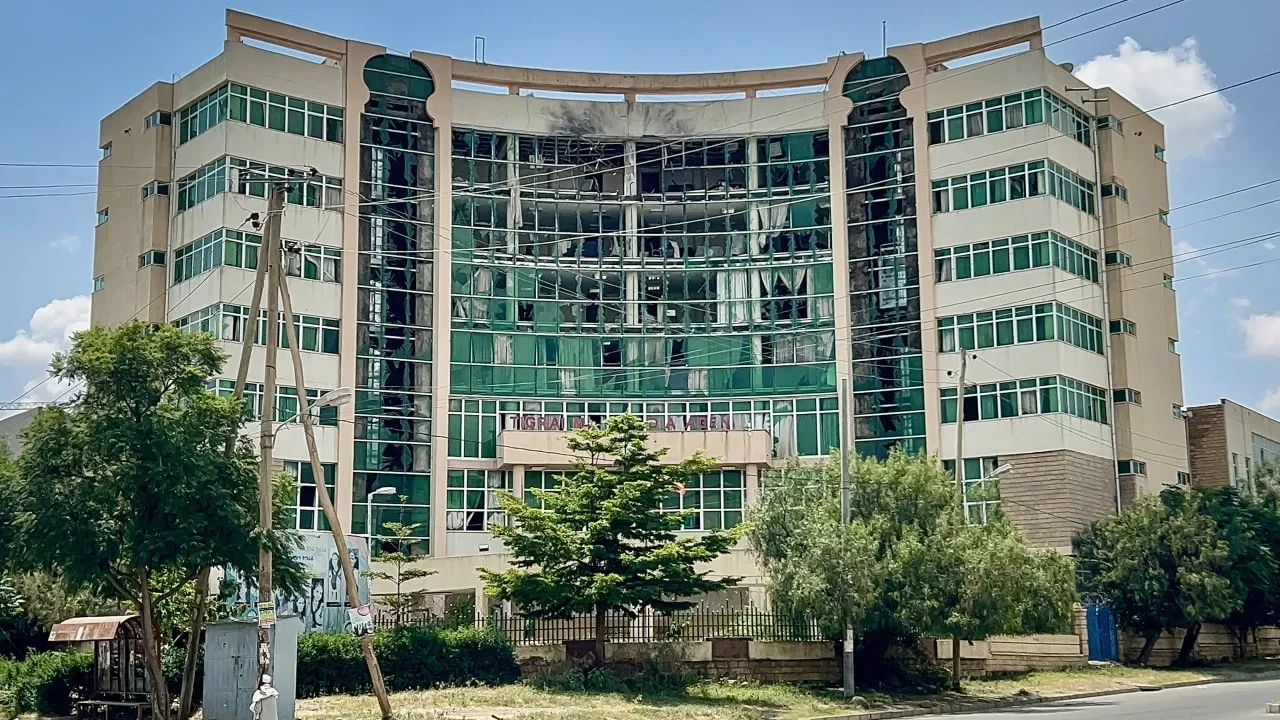 View of the damaged building, following a drone strike in Mekelle on September 27, 2026